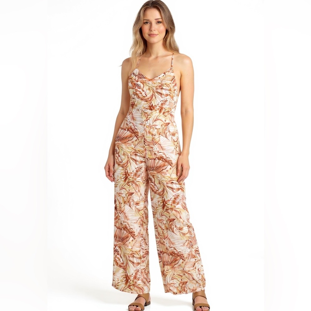 Haute Monde Tropical Palm Print Wide Leg Jumpsuit – Size Large